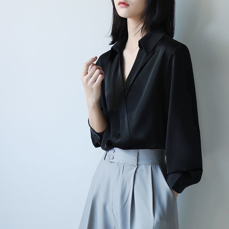 Street Fashion Korea - Gidyq-Chemises noires en mousseline de soie