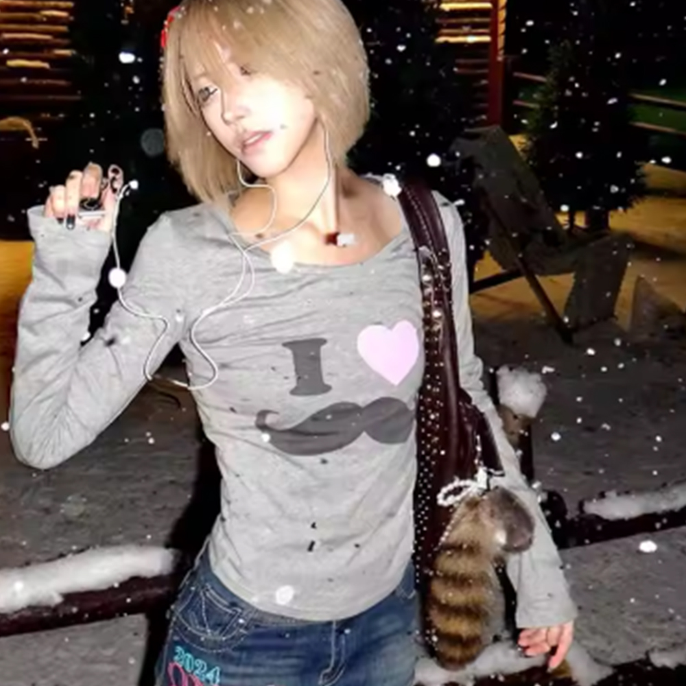 Street Fashion Mood - T-shirt japonais Y2K à imprimé barbe,