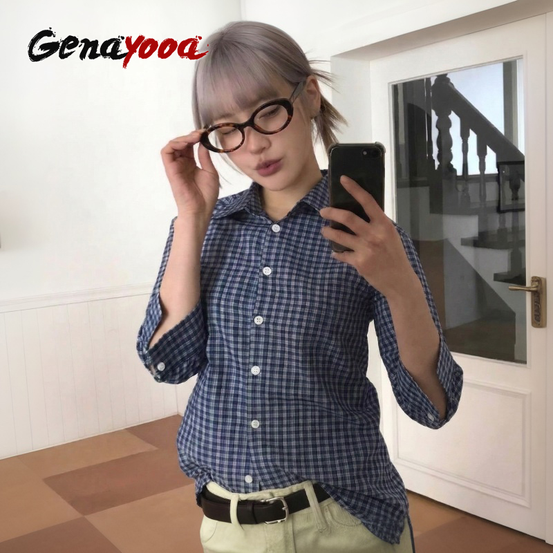 Street Fashion Korea - Genayooa Y2k chemise à carreaux femmes