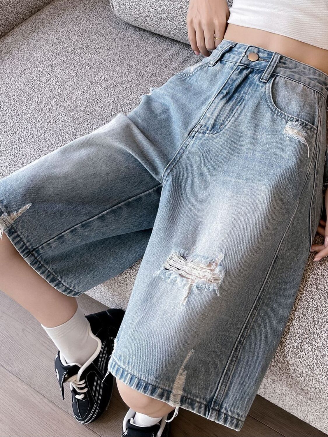 Distressed Jean Rip - Shorts Bermuda en jean déchiré taille