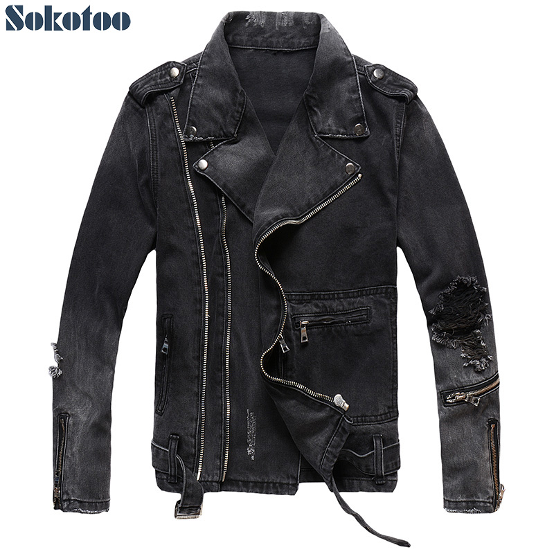 Distressed Jean Rip - Sokotoo-Veste de motard en denim noir