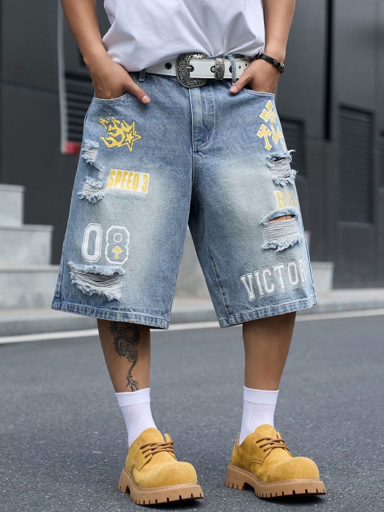 Shorts en jean ample pour homm - Distressed Jean Rip avis et prix